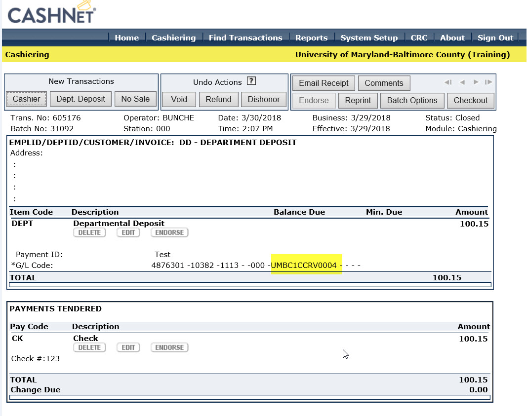 CashNet Screen – Internal Finance Website - UMBC